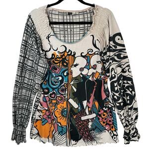 BaMBooco Top Womens XL Artsy Art to Wear Mixed Print Beaded Pima Cotton Artist